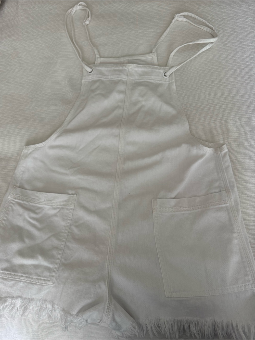 aerie White Distressed Short Overalls With Front Pockets and Adjustable Straps